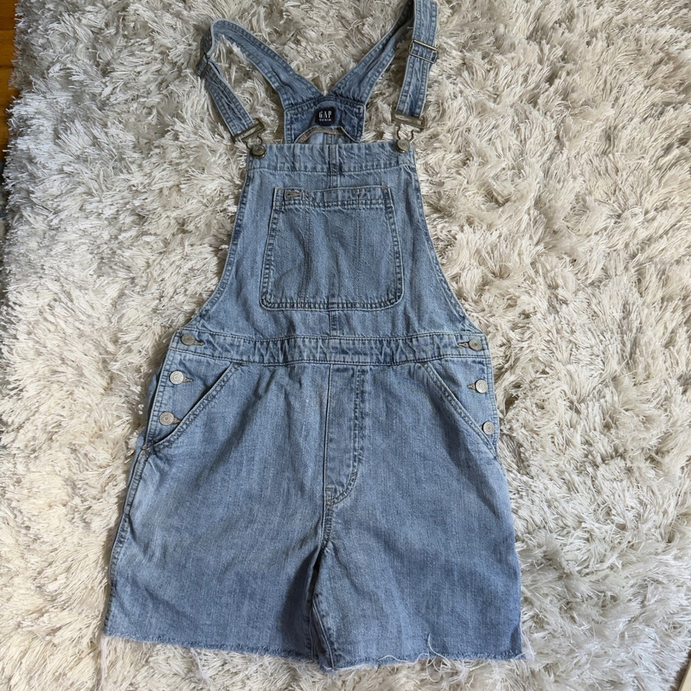 Gap Denim Light Indigo Shortall Overalls Womens Medium Blue Cotton Raw Hem M